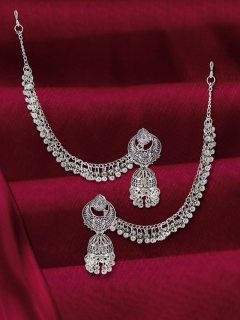PRIVIU Silver-Plated Dome Shaped Oxidised Jhumkas With Chain