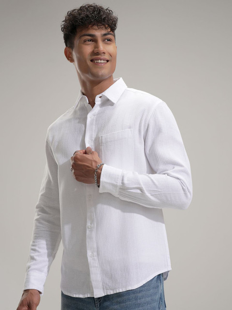 HIGHLANDER Men Comfort Relaxed Fit Textured Spread Collar Cotton Casual Shirt - Image 4