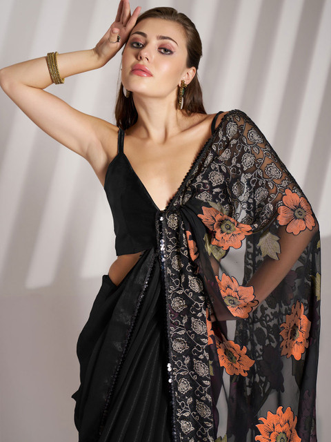 Kalista Floral Print Sequinned Chiffon Saree - Image 5