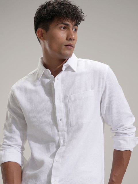 HIGHLANDER Men Comfort Relaxed Fit Textured Spread Collar Cotton Casual Shirt