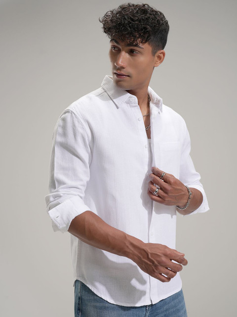 HIGHLANDER Men Comfort Relaxed Fit Textured Spread Collar Cotton Casual Shirt - Image 3