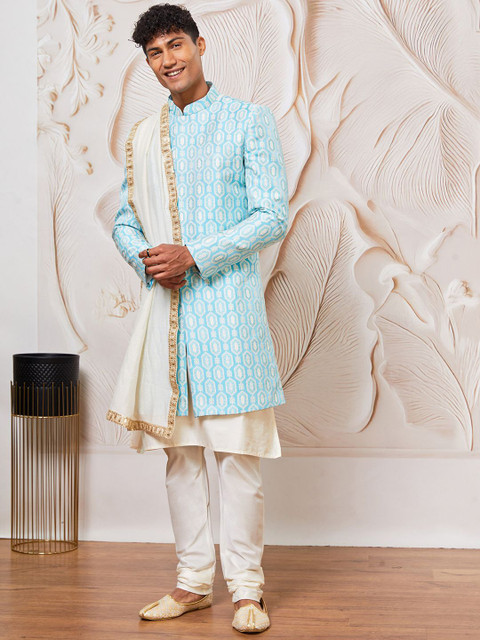 VASTRAMAY Men Woven Textured Kurta Pyjama & Dupatta Sherwani Set