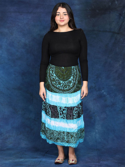 Exotic India Batik-Dyed Midi Skirt with Printed Flowers