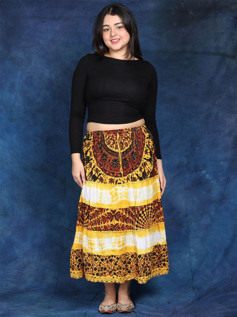 Exotic India Pure Cotton Batik-Dyed Midi Skirt With Printed Flowers