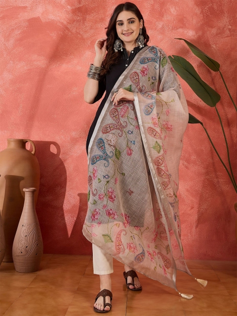 Sangria Lotus Flower Woven Design Linen Dupatta