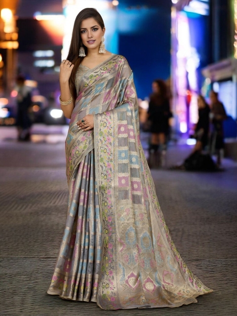 Mitera Checked Zari Organza Handloom Banarasi Saree