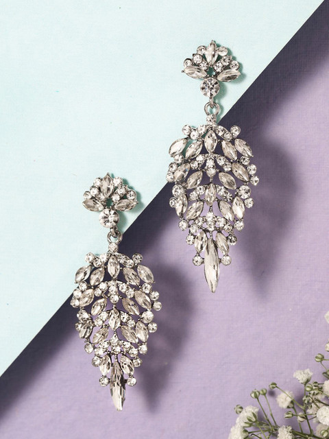 Priyaasi Silver Plated Crystals Studded Teardrop Shaped Drop Earrings