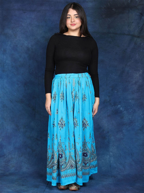 Exotic India Women Long Skirt With Printed Flowers & Embroidered Sequins Skirts