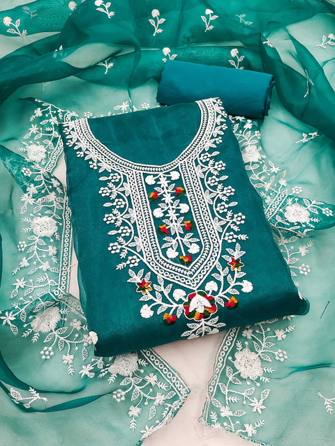 LeeliPeeri Designer Floral Embroidered Thread Work Organza Unstitched Dress Material - Image 2