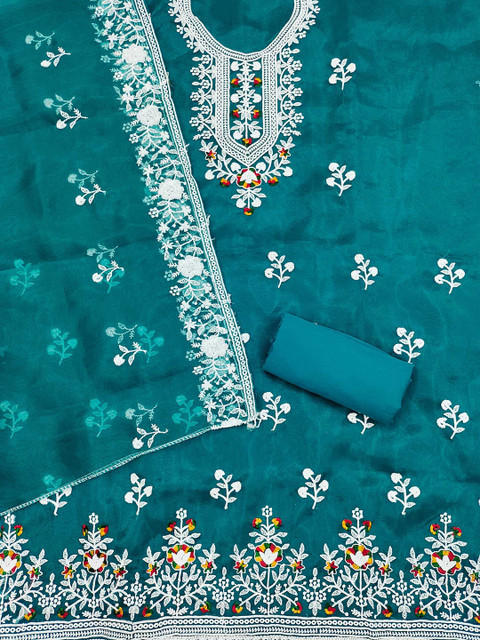LeeliPeeri Designer Floral Embroidered Thread Work Organza Unstitched Dress Material - Image 3