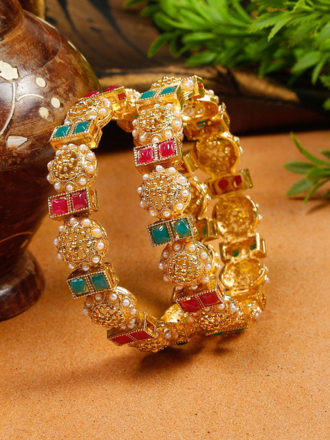 YouBella Set Of 2 Gold Plated Stones Studded & Beaded Bangles