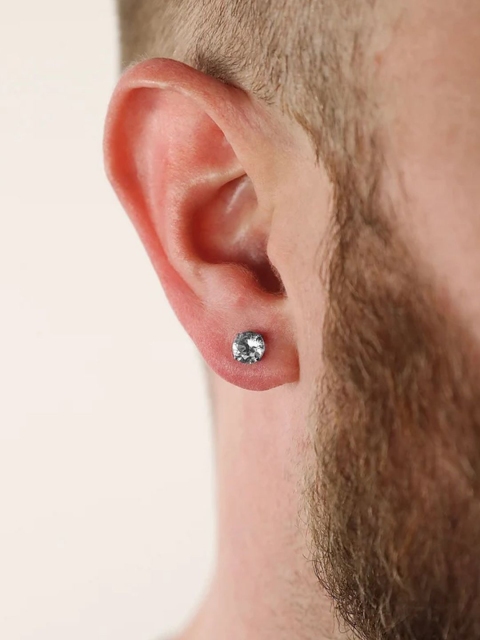 Goldnera Men Silver-Plated Artificial Stones Studded Solitaire Circular Studs