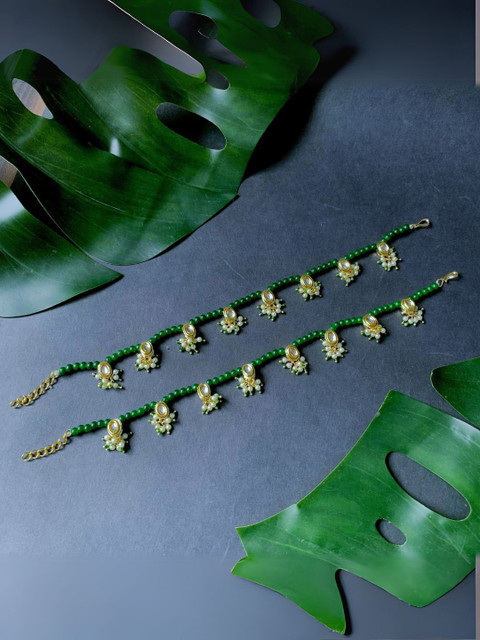 I Jewels Gold-Plated Kundan Studded & Artificial Beaded Anklets