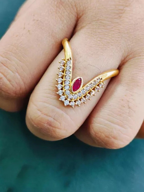 DIMIKI Set Of 2 Gold-Plated American Diamond-Studded Vanki Finger Ring