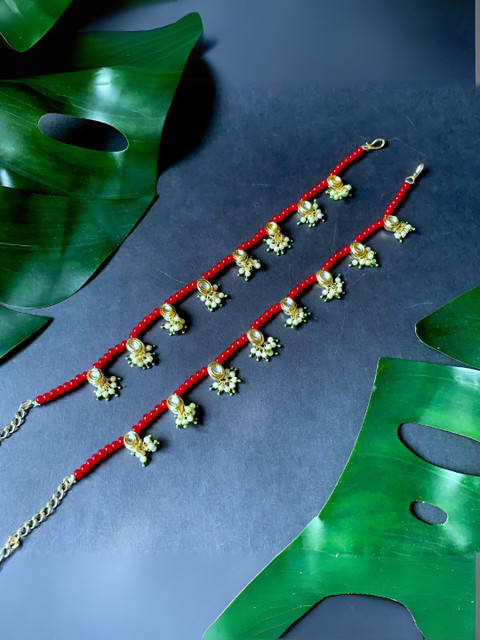 I Jewels Set Of 2 Gold-Plated Kundan Studded & Artificial Beaded Anklets