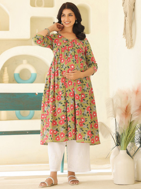 Janasya Women Sage Green Pure Cotton Floral Printed Gathered Maternity Kurta
