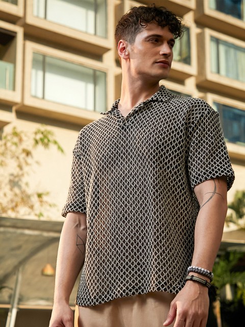 Campus Sutra Men Self Design Polo Collar Cotton T-shirt