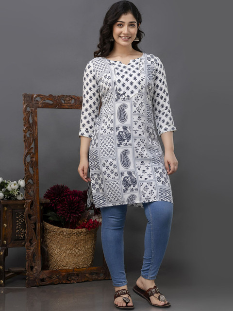 FEMARY Ethnic Motifs Printed Notch Neck Pure Cotton Kurta