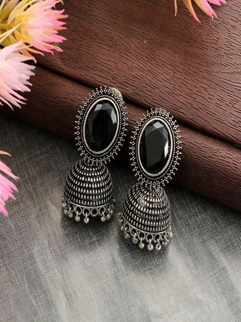 Sangria Silver-Plated Artificial Stones Studded Oxidised Dome Shaped Jhumkas