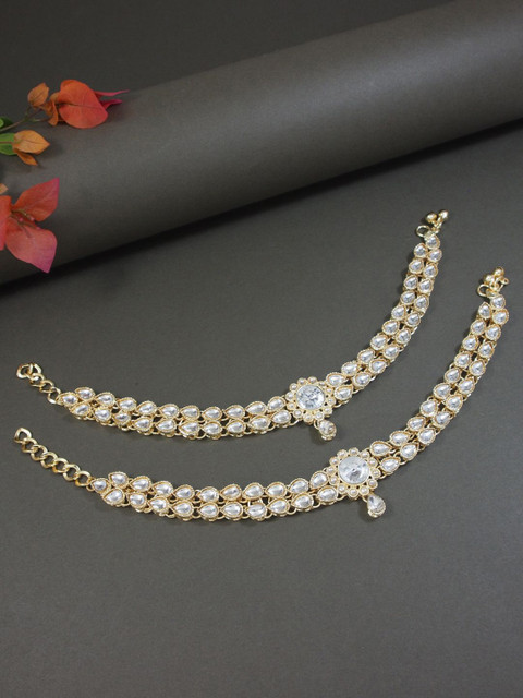 I Jewels Gold-Plated Kundan Studded Anklets