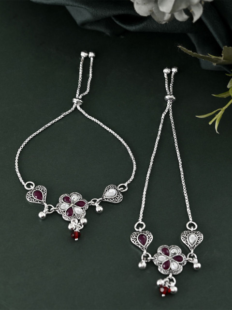 VOJ Set Of 2 Silver-Plated Stainless Steel Artificial Stones Studded And Beaded Anklet