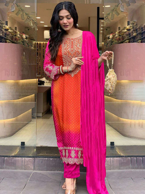 GoSriKi Bandhani Printed Sequinned Round Neck Straight Kurta With Trousers & Dupatta