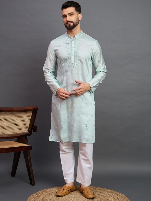 House of Pataudi Floral Embroidered Mandarin Collar Sequins Straight Kurta