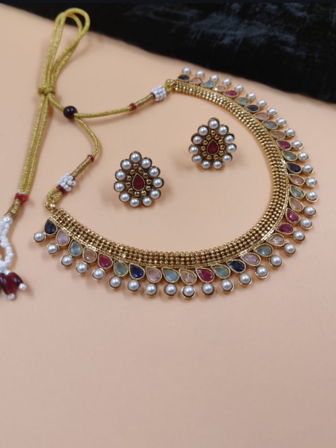 JYONA Gold-Plated Stone Studded & Beaded Jewellery Set