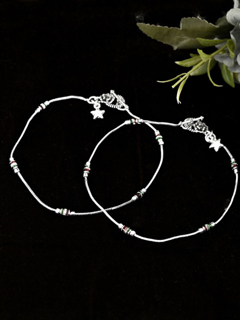 VOJ Set Of 2 Silver-Plated Stainless Steel Artificial Stones Studded Anklet