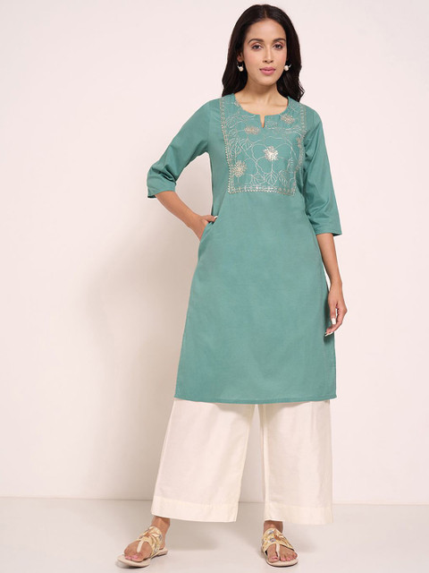 RANGMANCH BY PANTALOONS Women Embroidered Flared Sleeves Thread Work Pathani Kurta