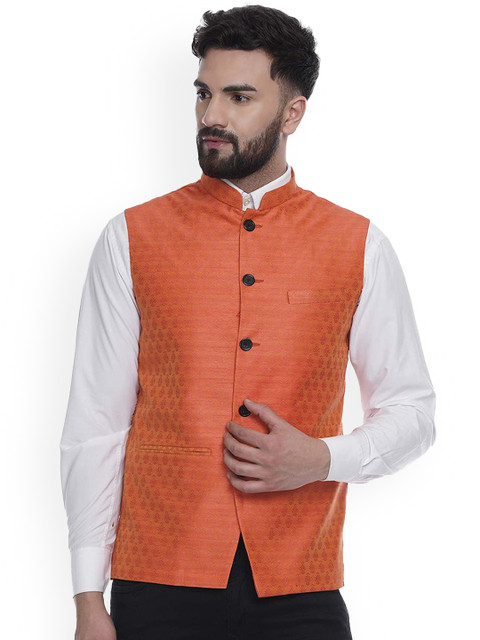 VEERA PARIDHAAN Jacquard Silk Printed Mandarin Collar Nehru Jacket