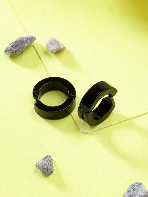 Roadster Men Black Rhodium-Plated Stainless Steel Hoop Earrings