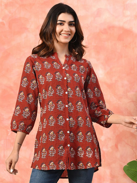 Sangria Mandarin Collar Printed Cotton Ethnic Tunic