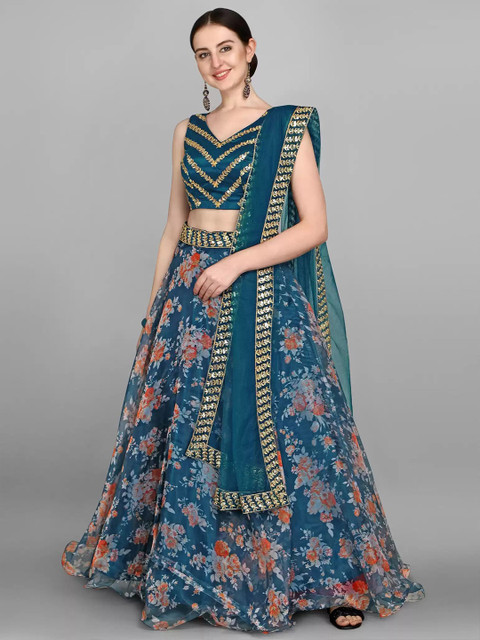 Piludi Printed Thread Work Semi-Stitched Lehenga & Unstitched Blouse With Dupatta