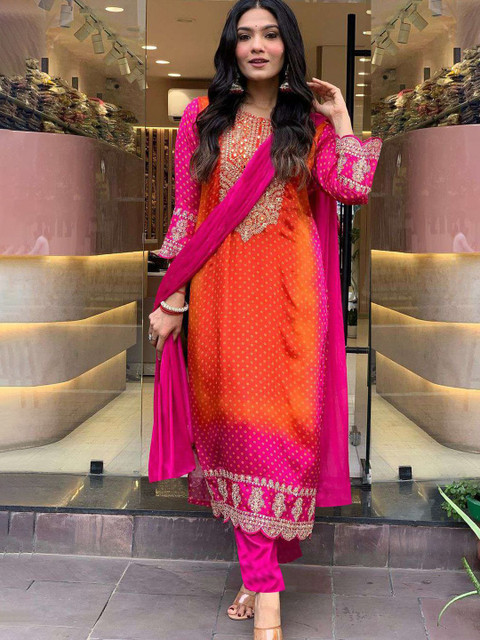 GoSriKi Women Floral Embroidered Regular Sequinned Kurta with Palazzos & With Dupatta