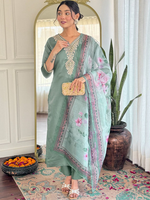 KALINI Women Embroidered Regular Kurta with Trousers & With Dupatta