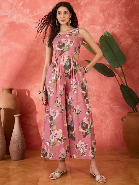 Sangria Floral Printed Blown Out Jumpsuit