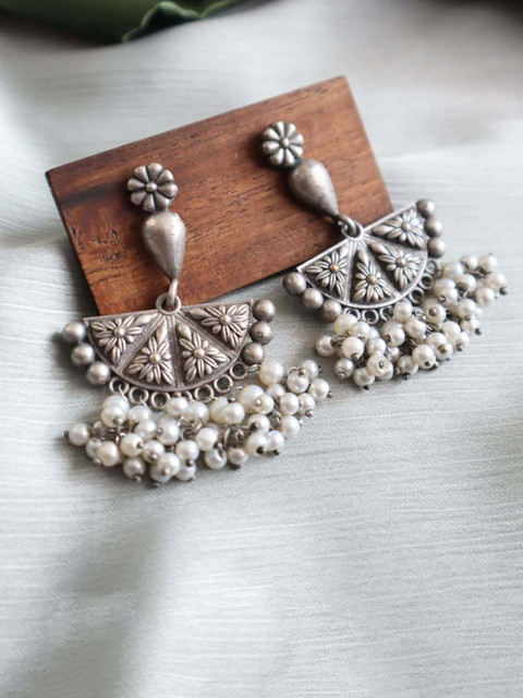 Sangria Silver-Plated Pearl Oxidized Drop Earrings