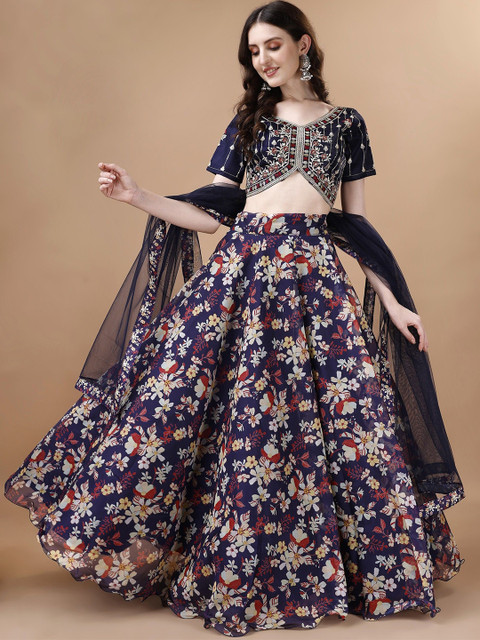 Piludi Printed Thread Work Semi-Stitched Lehenga & Unstitched Blouse With Dupatta