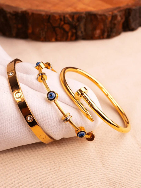 Estailo fashion Set Of 3 Alloy Gold-Plated Stones Studded Bangle-Style Bracelet