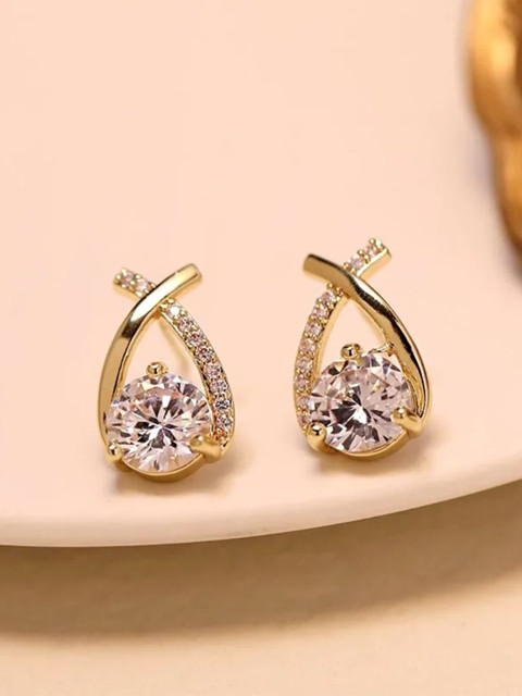 Estailo fashion Alloy Gold-Plated Stones Studded Cross Bling Teardrop Studs