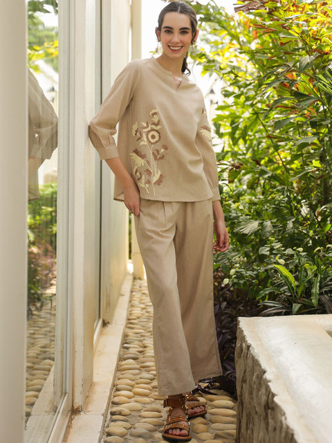 Aura By Sanskrutihomes Embroidered Pure Cotton Top & Trousers Co-Ord Set
