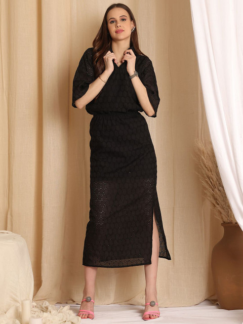 NEUDIS Self-Design Shirt Collar Cotton Top With Skirt Co-Ords