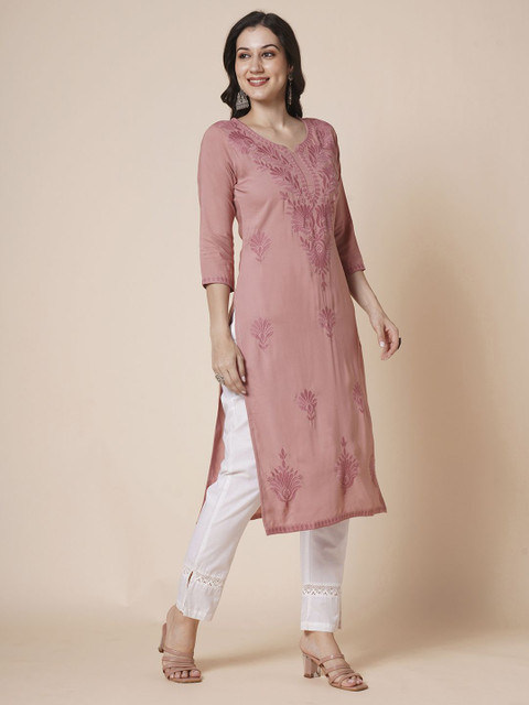 RATAN Women Rayon Chikankari Embroidered Kurta - Image 4