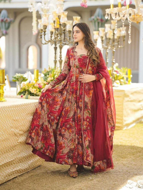 ZestLeaf Printed Ethnic Dress With Dupatta