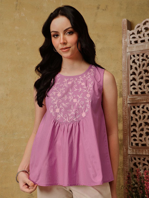 QAZMI Women Kashmiri Aari Work Sleeveless Peplum Top