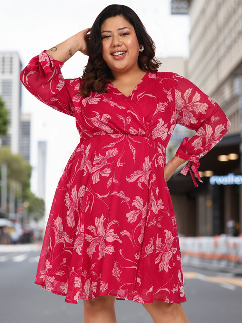 wild U Women Plus Size Floral Print Puff Sleeve Chiffon Dress