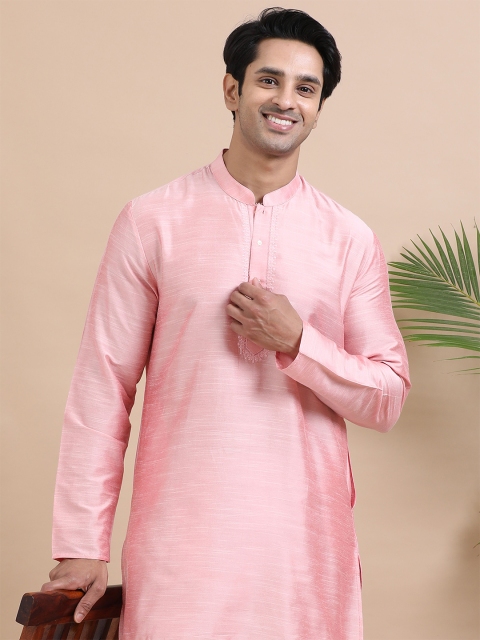 TATTVA Mandarin Collar Thread Work Cotton Straight Kurta