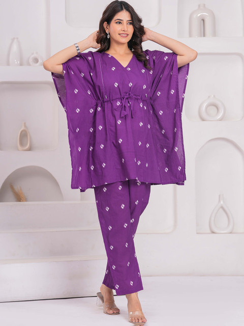 CELEBRAVO Floral Printed V-Neck Pure Cotton A-Line Maternity Kaftan With Trouser