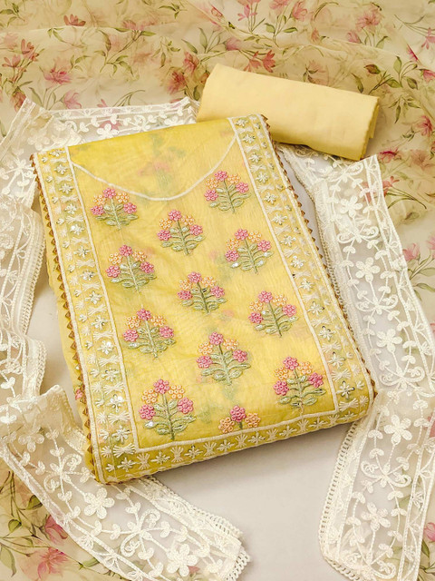 Peachmode Floral Embroidered Sequinned Chanderi Unstitched Dress Material